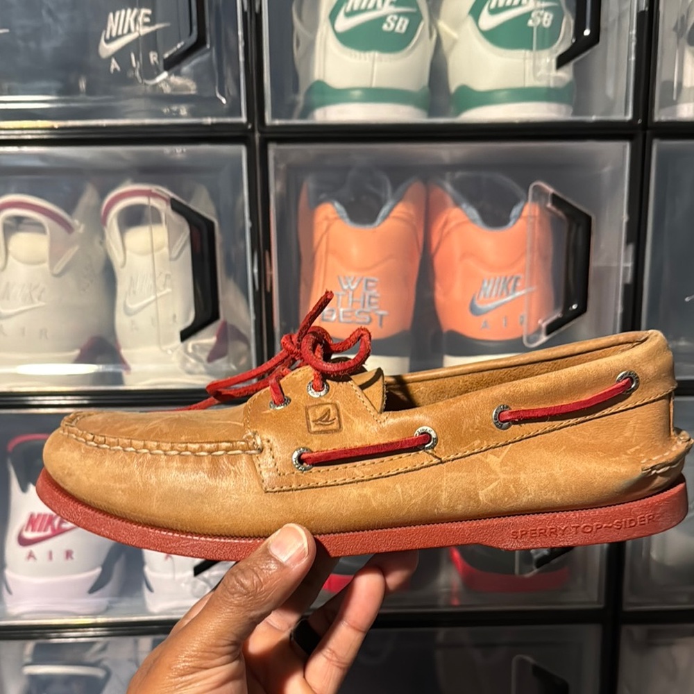 Sperry Top-Sider Tan Boat Shoes with Red Soles